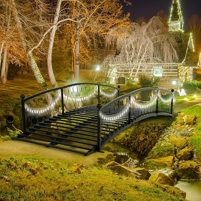 Metal Garden Bridge 8 FT, Durable Decorative Footbridge with Siderails Large Outdoor Bridges, Weight Capacity 770 lbs for Backyard, Creek, Lawn, Stream