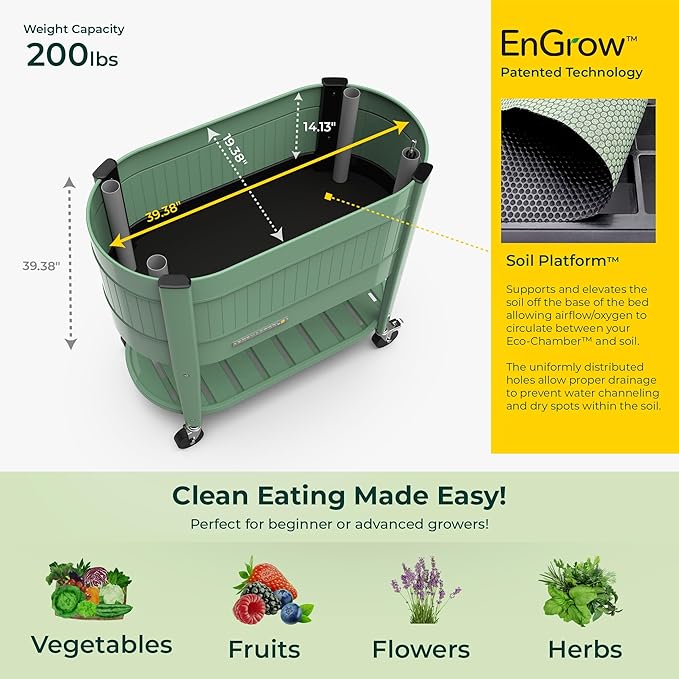 Permasteel Raised Garden Bed with Legs, 40×20×37 in, Planter Box with EnGrow™ TrueSoil™ Technology for Vegetables, Flowers, Herbs, and Fruit, Outdoor Indoor, Storage Shelf, Sage