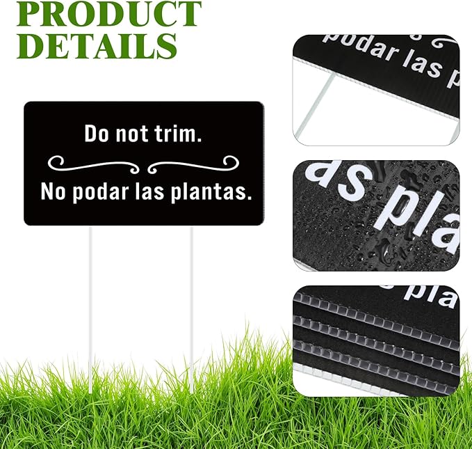 Soaoo 4 Pcs Corrugated Plastic Do Not Trim Yard Signs with Stakes 6.2 x 3.3 Inch 9.2 x 4.9 Inch Plant Signs Bilingual Garden Markers for Outdoor Lawn(Black,Classic)