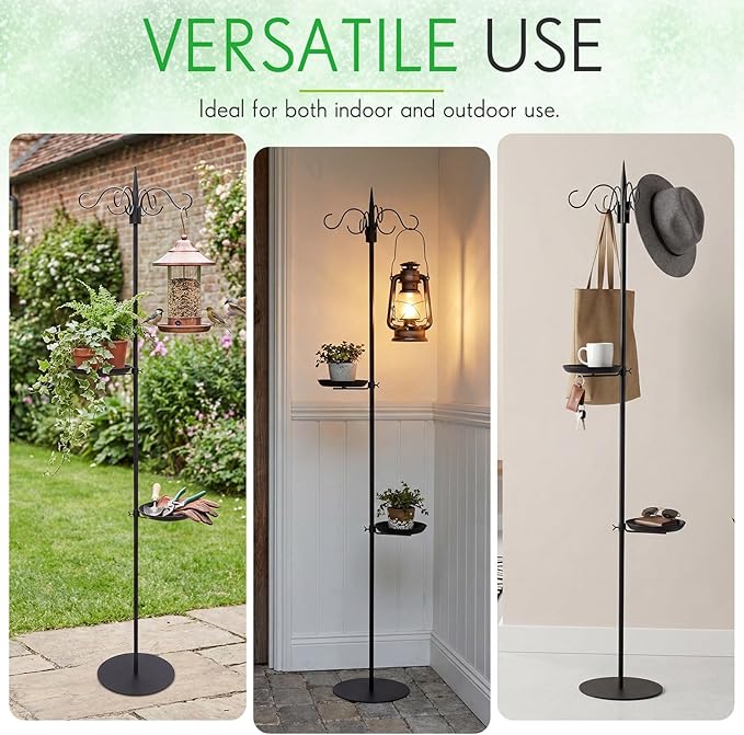 1 Set 75.9" Shepherd's Hook Stand for Bird Feeder, Hanging Plant, Wind Chime, Waterproof Metal & Adjustable Standing Pole Holder for Indoor Outdoor, with 2 Rack & Weight Bag (3 Hooks)
