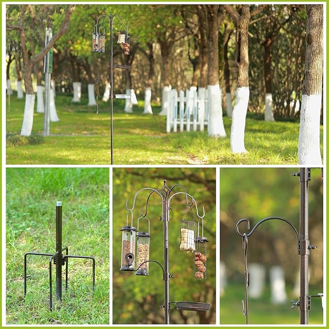 Bird Feeder Station with Suet Cage & Water Bowl Fruit Hook- Adjustable Pole, 6 Hanging Hooks for Wild Birds, Outdoor Garden Bird Feeding Kit