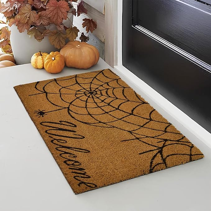 Decorative Halloween Welcome Mat, Spider Web, Natural Coco Coir Mats with Non-Slip PVC Backing, Indoor Outdoor Mats for Home & Office, Floor Mats for Door Decor, 30"x17"