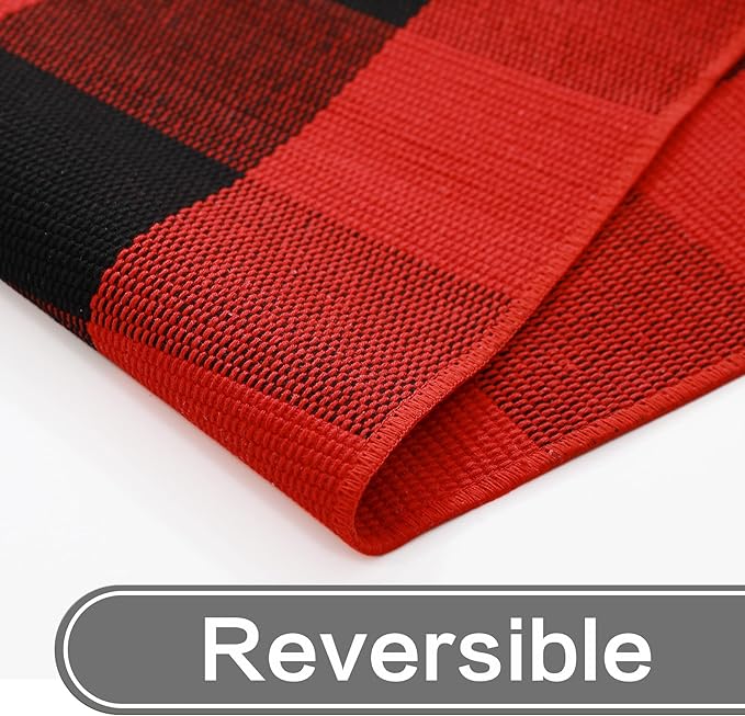MUBIN Cotton Buffalo Plaid Rug, 4'x6' Black and Red Outdoor Rug Front Door Decorative Mat, Hand-Woven Foldable Rug for Layered Door Mats Washable Carpet for Front Porch, Entryway, Farmhouse