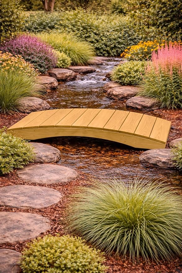 4 FT Oak Amish Made Pinewood Heavy Duty Garden Bridge for Walkway, Backyard Pond & Landscaping, Outdoor Wooden Footbridge for Koi Pond, Japanese Style Decorative Bridge, Made in USA