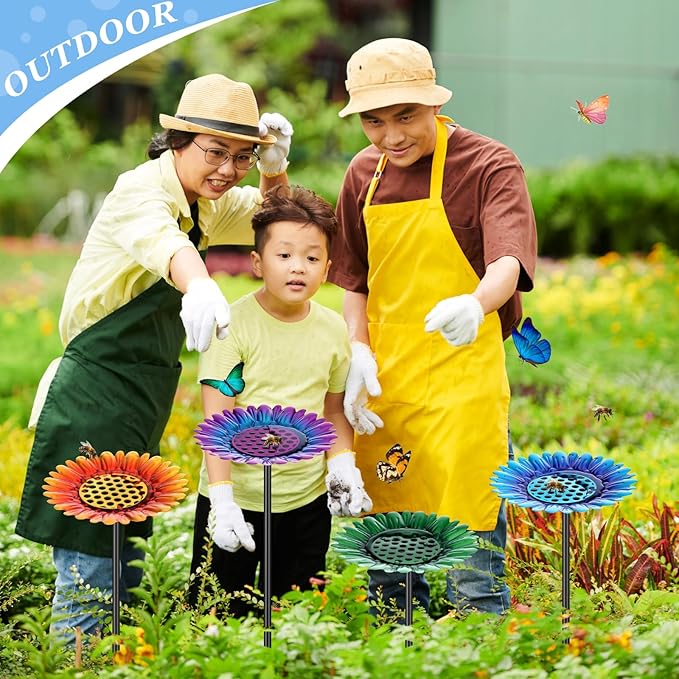 4 Pack Large Bee Watering Station 8.8'' for Bee Garden Anti Drowning Metal Pollinator Water Feeder Flower Butterfly Bath Bowl Colorful Bird Gardening Decoration, Rust Proof