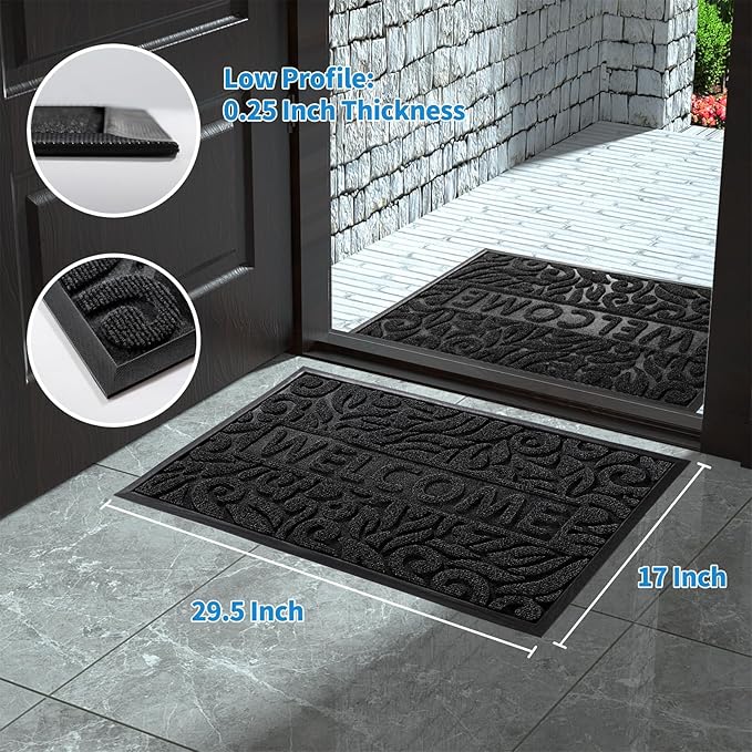 Yimobra Welcome Mat Outdoor 29.5x17, Waterproof Non-Slip Outdoor Mats for Front Door Outside Entrance, Low-Profile Entryway Mat Indoor for Garage Patio, Black