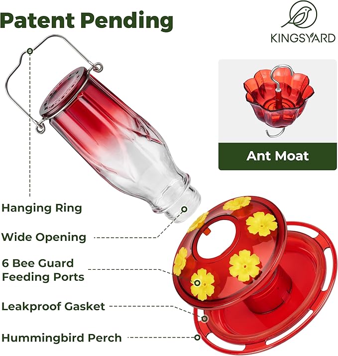 Kingsyard Glass Hummingbird Feeders for Outdoors Hanging, 6 Feeding Ports, 16 Ounces Bird Nectar Feeder, Rustproof Leakproof, Easy to Refill & Clean, Garden Backyard Decor, Ant Moat Included, Red
