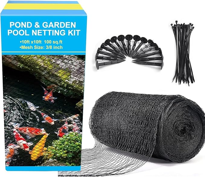 Pond Netting, 10 x 10FT Pond Net for Koi Ponds, Garden Pool Fine Mesh Pond Netting Cover for Leaves, Protects Koi Fish from Birds Cats Predators, with 12 Stakes and 30 Cable Zip Ties