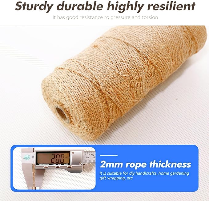 2MM Natural Jute Twine String — 600Ft Brown Durable Jute Rope, Used for Hand Crochet, Climbing Plant, Gardening Flowers, Home Decorations, Art Crafts Gift Packaging, Weddings, Christmas