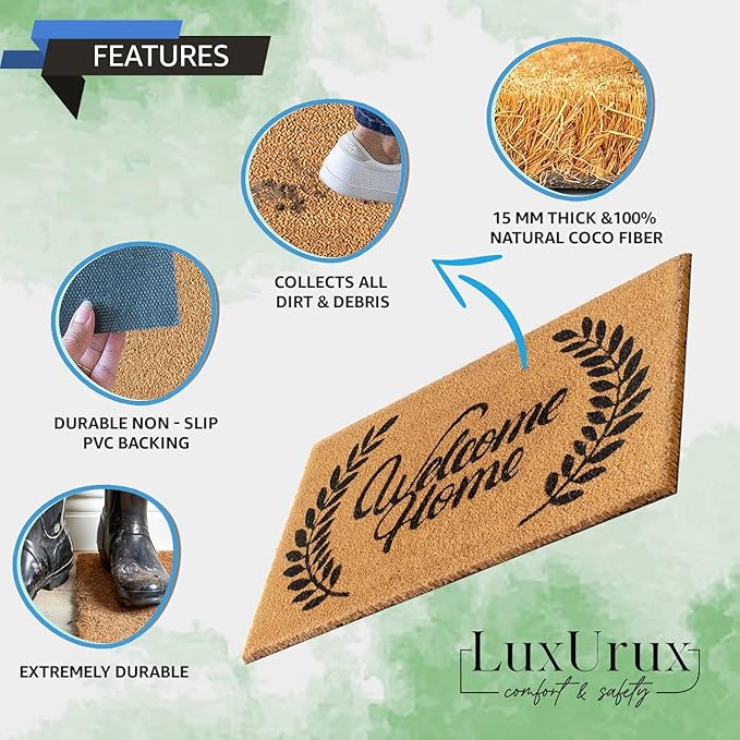 LuxUrux Welcome Mats Outdoor Coco Coir Doormat, with Heavy-Duty PVC Backing - Natural - Perfect Color/Sizing for Outdoor/Indoor uses. (17 x 30 inch, Charcoal - Welcome Home)