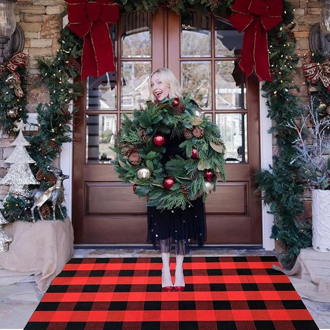 Red and Black Plaid Rug, 3'x5' Check Outdoor Front Door Decorative Mat, Cotton Woven Rug for Layered Door Mats Washable Carpet for Porch, Entryway, Farmhouse, Christmas, Halloween