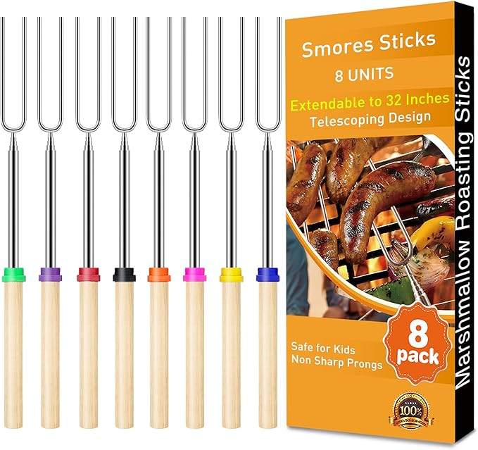 Smores Sticks for Fire Pit, 32" Marshmallow Roasting Sticks, Extendable Stainless Steel Campfire Roasting Forks with Wooden Handles, Camping Essentials Smores Kit, 8 Pack