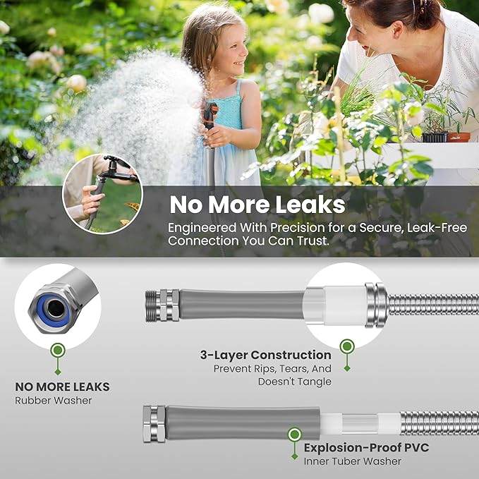 Giraffe Tools Garden Hose 100ft x 3/4", 304 Stainless Steel Metal Water Hose, No Kink Garden Water Hose with 9 Pattern Spray Nozzle, Flexible, Lightweight, Kink Free Hose for Yard, Outdoor
