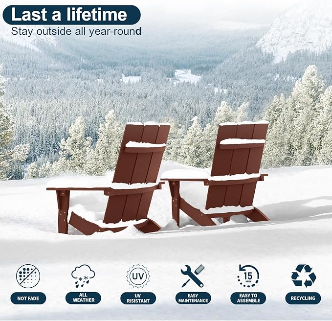 MXIMU Modern Adirondack Chair Weather Resistant with Cup Holder Oversized Fire Pit Chairs Adorondic Plastic Outdoor Chairs for Firepit Area Seating (Coffee)
