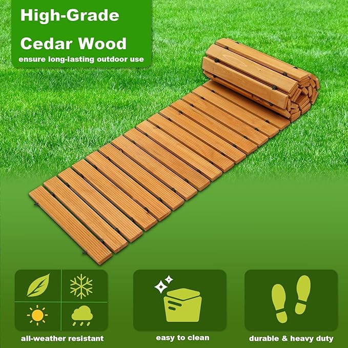 LINSHRY 6FT Wooden Garden Pathway, Outdoor Roll Out Decorative Garden Walkway, Weather-Resistant Non-Slip Hardwood Path for Backyard, Beach, Wedding Party
