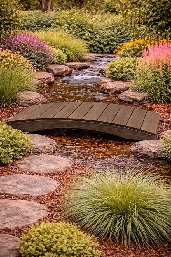 4 FT WALNUT Amish Made Pinewood Heavy Duty Garden Bridge for Walkway, Backyard Pond & Landscaping, Outdoor Wooden Footbridge for Koi Pond, Japanese Style Decorative Bridge, Made in USA