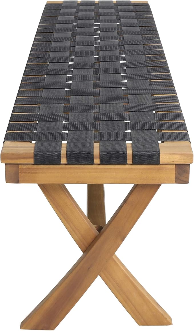 Christopher Knight Home Jeffery Outdoor Acacia Wood Bench with Rope Seating, Black and Teak 61x13.75x16.25 inches
