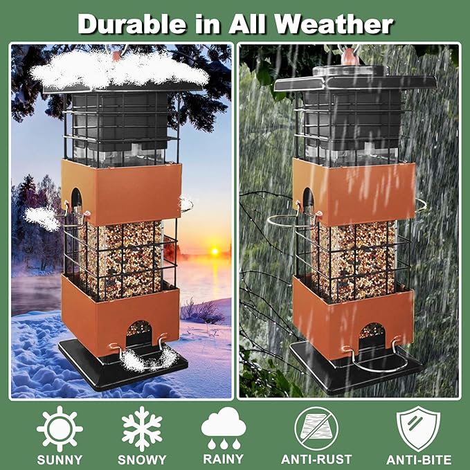 Squirrel Proof Bird Feeder,3Lbs Metal Birdfeeders Squirrel Proof with 4 Feeding Ports for Outside, Birds Seed Feeder for Outdoors, Cardinal, Finch, Sparrow (Brown)