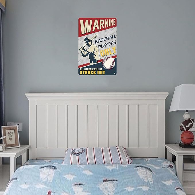 Warning Baseball Players Only Tin Sign-Funny Signs Baseball Poster Warning,Sports Bedroom Decor and Baseball Gifts for Boys 8x12Inch