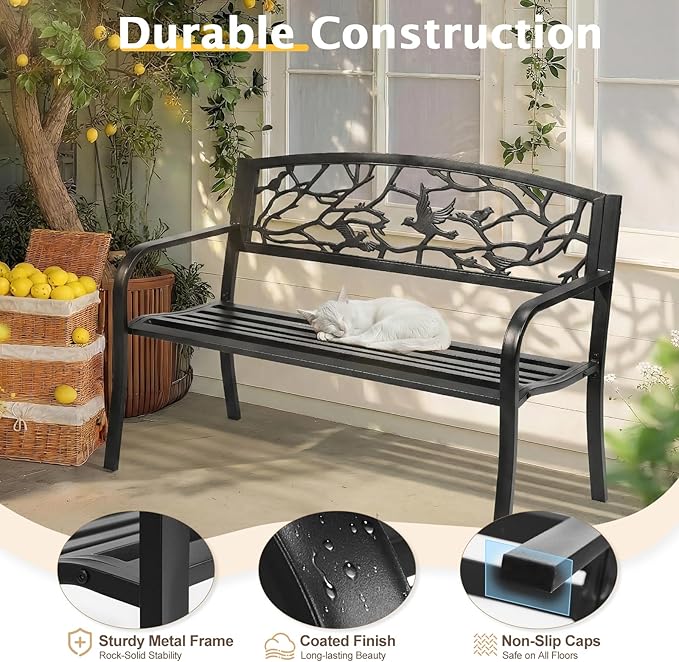 VINGLI Outdoor Bench for Patio Metal Garden Bench w/PVC Back Pattern, Black Park Benches Front Porch Benches for Yard Lawn Decor Deck Entryway (Black-Bird)