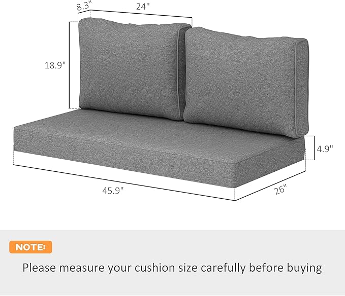 Outsunny 2 Seat Patio Furniture Cushions, 46x26x5 in, Thick Outdoor Loveseat Cushion Set with Removable Cover, Fade-Resistant Replacement Cushions for Outdoor Furniture, Couch, Bench, Swing, Gray