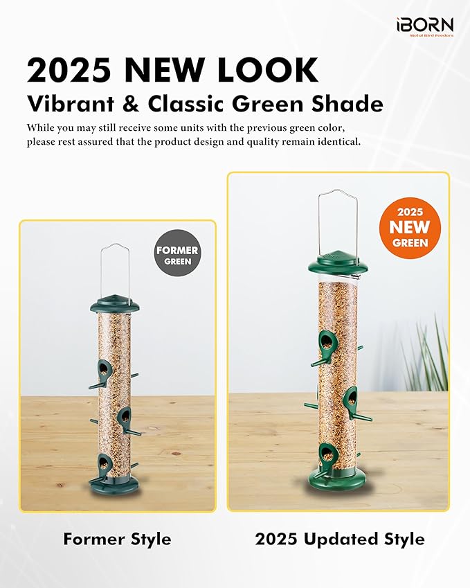iBorn Metal Bird Feeders 6 Ports Hanging Wild Bird Seed Feeder for Mix Seed Blends, Seed Feeder, Sunflower Heart, Birdbath, Heavy Duty All Metal Green Finishing 15 Inch 6Port,Gift Box