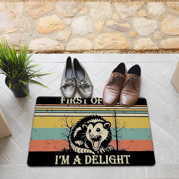 JINYO Funny Opossum Door Mat, First of All I'm a Delight Possum Outdoor Indoor Door Mats for Home Entrance Entryway, Funny Welcome Mats, Opossum Gifts, 17x30 Inch