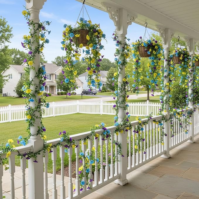 GTIDEA 6Pcs Fake Vines 36Feet Artificial Hanging Morning Glory Flower Garland Faux Vines for Outdoors for Wall Fence Indoor Wedding Decor (Blue & Yellow)