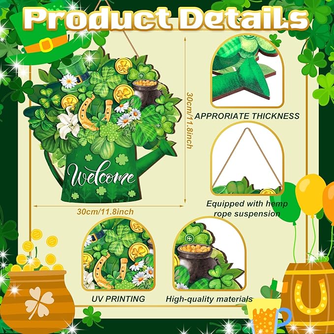 Juexica St. Patrick's Day Welcome Door Sign Lucky Hanging Decor St. Patrick's Day Wooden Sign Irish Decorations Lucky Shamrock Door Hanger for Outdoor Porch Home Living Room