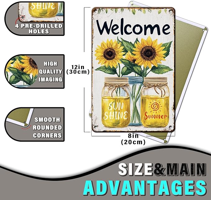Summer Welcome Sign Wall Art Decor Welcome Floral Ornaments Iron Plaque Sign for Club Bar Garage Wall Decor 12x16inch
