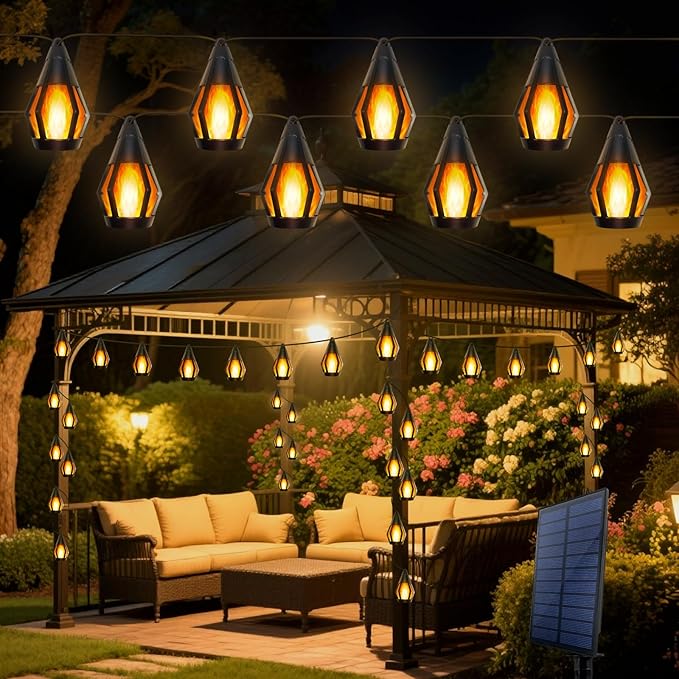 21Ft Solar String Lights Outdoor Waterproof Solar Powered Patio Lights with 10 Flickering Flame Light Bulbs Hanging Lantern String Light for Garden Yard Gazebo Cafe Bistro Party Outdoor Decor