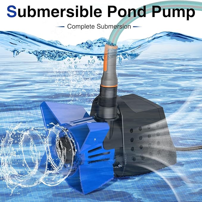 3200GPH Pond Pump, 200W Submersible Water Pump with 33FT Power Cord & Barrier Bag, 2 Hose Adapters, 20FT. Lift Height for Garden Ponds, Fountains, Waterfalls, Water Circulation (Blue)
