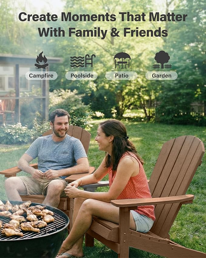 YEFU Adirondack Chairs Set of 2: Outdoor Chair HIPS Plastic Adirondack Chairs - Patio Chairs with Cup Holder & Wood Texture - Lawn Fire Pit Deck Porch Garden Chairs for Adults (Teak)