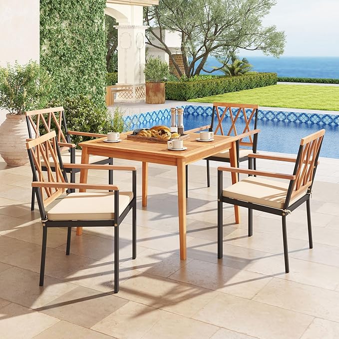 Tangkula 5 Piece Wood Outdoor Dining Set for 4, Rectangular Patio Acacia Wood Table Set with 4 Cushioned Chairs, Umbrella Hole, Heavy Duty Metal Frame for Deck Porch Backyard