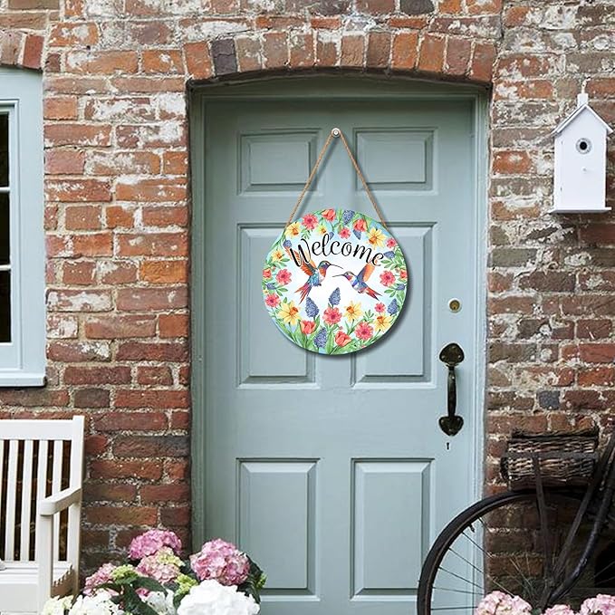 Spring Summer Hummingbird Birds Door Sign Round 12 X 12 Inches Welcome Spring Door Hanger Wall Pediment Farmhouse Floral Door Hanging for Yard Porch Seasonal Summer Decoration Welcome Sign