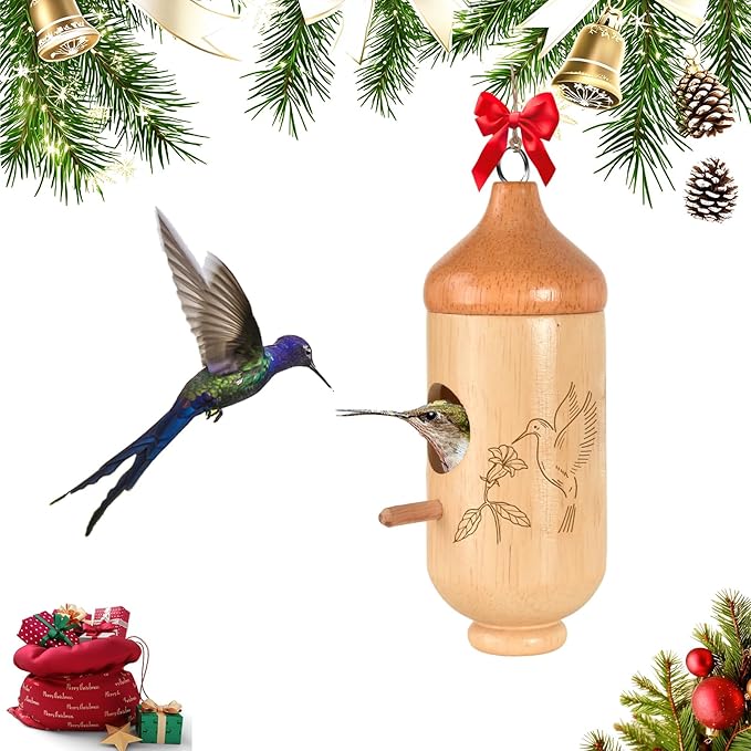 Hummingbird House, Solid Wood Hummingbird Houses for Outside-Exquisitely Handcrafted Birdhouse with Ribbon and String Hanging Kit, Durable Garden Decor, Perfect Gardening Gift(Style-C, 1 Pack)