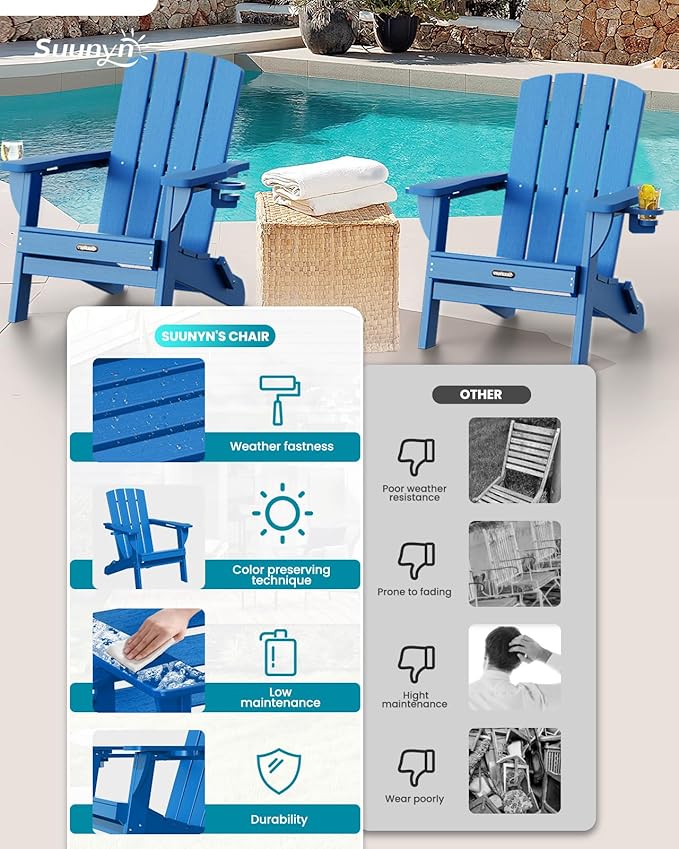 Folding Adirondack Chair 4 Pack, HDPE All-Weather Fire Pit Chairs, Plastic Adirondack Chairs with 2 Cup Holder, Outdoor Lawn Chair for Patio Garden (Royal Blue)