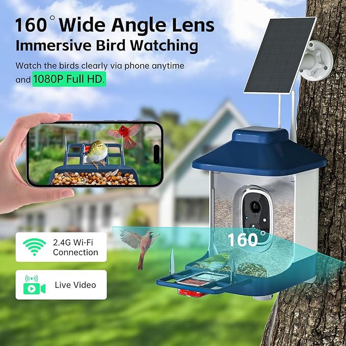 Bird Feeder with Camera, AI Bird Identification, Full HD Live Video, Solar Powered, 2.4Ghz WiFi, Instant Arrival Alerts - White Elephant Gifts