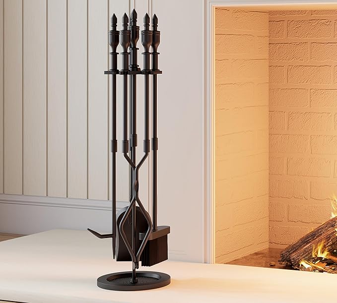 5-Piece Wrought Iron Fireplace Tools Set with Handles Indoor Fireplace Accessories for Modern Décor and Outdoor Fire Pits Includes Poker, Tongs, Shovel, Brush, and Wood Stove Hearth Stand