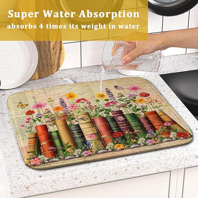 Colorful Books Kitchen Drying Mat - Watercolor Floral Drying Matt Kitchen Counter 16 X 18 In