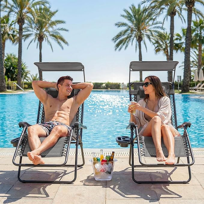 Magshion Zero Gravity Chair with Canopy Set of 2, Reclining Outdoor Patio Lounge Chair, Folding Anti Gravity Recliner, Portable Lounger with Removable Cup Holder Side Tray and Pillow Headrest (Grey)