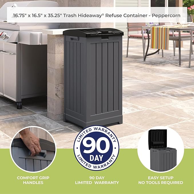 Suncast Trash Hideaway 39 Gallon Outdoor Trash Can Patio or Deck Waste Bin with Latching Lid, Liquid Tray, Handles, and Trash Bag Holder, Peppercorn