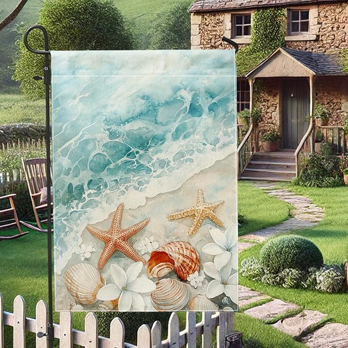 Coastal Ocean Sea Shells Garden Flag, Soft Blue Shells Starfish Outdoor Decor Banner, Double Sided Fabric Yard Flag Summer Lawn Decoration 12x18 Inch