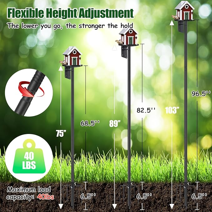 Heavy Duty Bird Feeder Pole - 103" Extra Tall Bird House Stand Outdoor, Anti-Tip Stakes & Stable Mount for Smart Camera Birdfeeder,Bluebird House, BirdBuddy, Birdfy