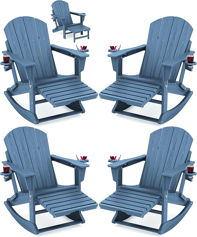 KINGYES Adirondack Rocking Chair Set of 4 with Retractable Ottoman and Cup Holders, HDPE Adirondack Rocker Patio Rocking Chair for Porch, Patio, Balcony, Deep Blue