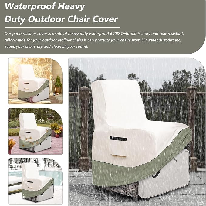 Outdoor Recliner Chair Covers,Patio Swivel Chair Covers,600D Heavy Duty Waterproof Patio Rocking Chairs Cover,Outdoor Furniture Covers for All Weather Protection.White&Grayish Green