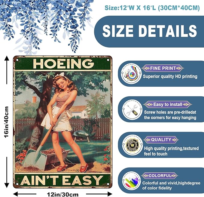 Garden Sign Hoeing Ain't Easy Gardening Wall Art Decoration Yard Indoor Outdoor Decor 12 x 16 Inch