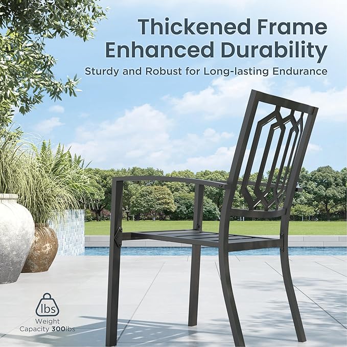 PHI VILLA Patio Dining Set 8 PCS with 13ft Double-Sided Patio Umbrella(Navy Blue)，Metal Outdoor Dining Set - 6 x Outdoor Stackable Chairs, 1 x 60"x38"Rectangle Dining Table and 1 Umbrella