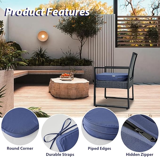 Outdoor Chair Cushions Set of 4 -Waterproof Outdoor Seat Cushions for Patio Furniture, Patio Chair Cushion with Handle and Ties, Round Out Door Chair Pads,19" x 19" x 3", Navy Blue