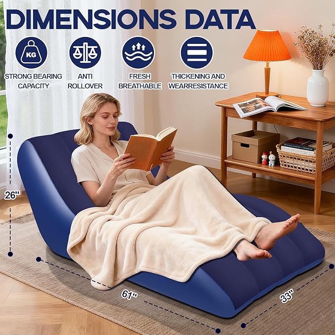 Inflatable Chair for Adults,Inflatables Chairs with Flocked Surface, Inflatable Lounge Chair with Backrest, Comfort Ergonomic Inflatable Couch,Inflatable Couch for Camping, Blue